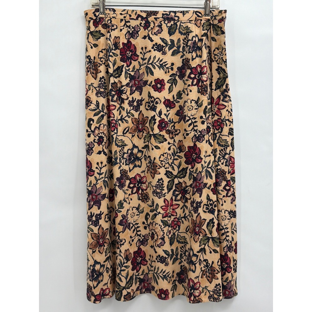 Talbots Petites Floral Linen Blend Midi Skirt Tan Burgundy Side Button Size 12P
